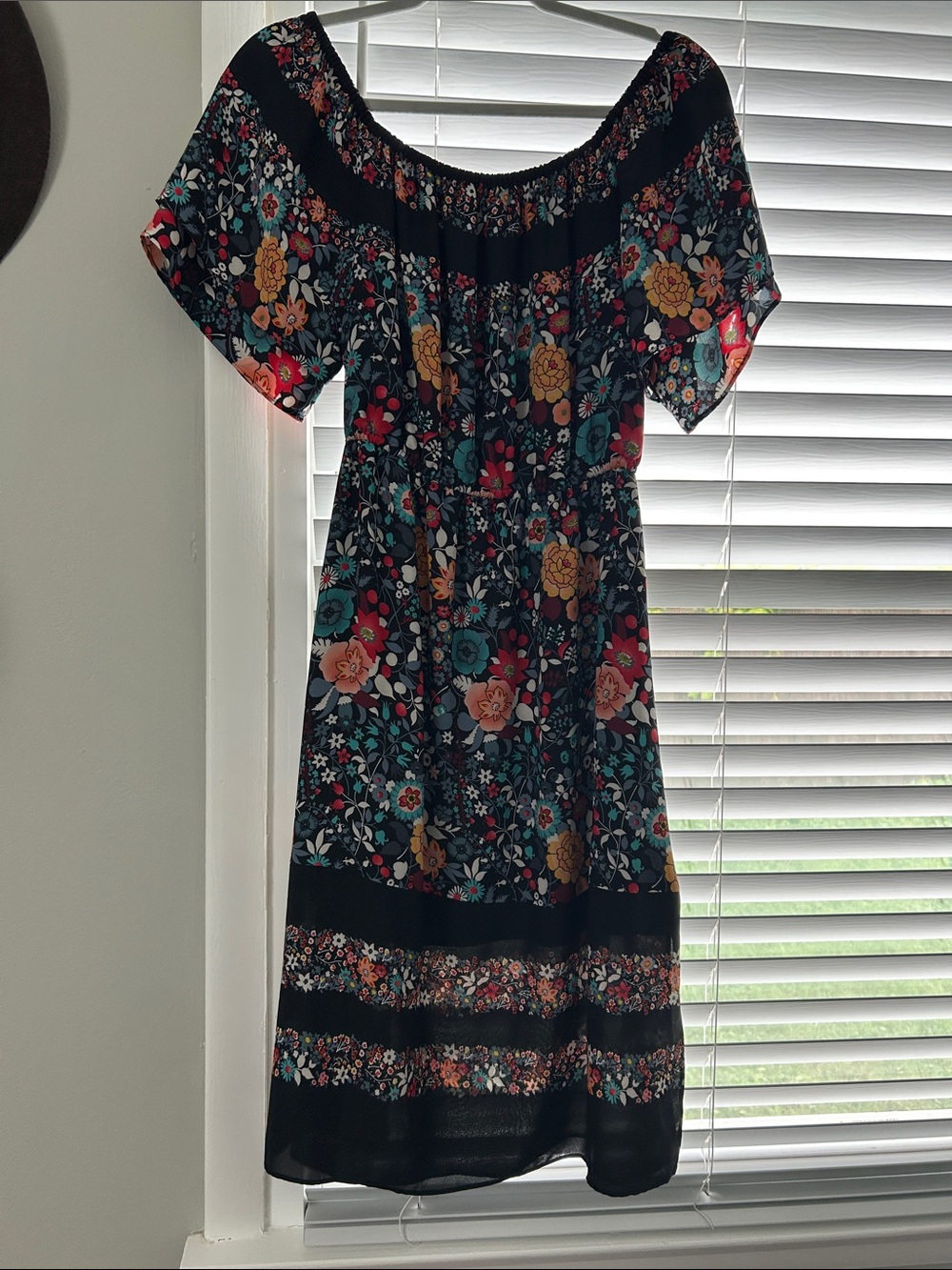 LOFT Black Floral Midi Dress with Teal, Mustard, and Coral Flowers